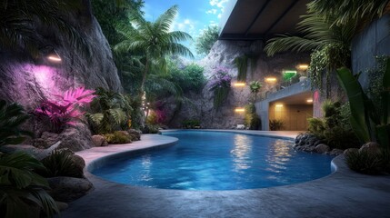 A pool with a waterfall and a jungle setting