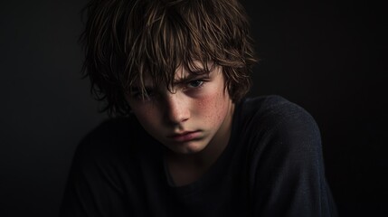 Fototapeta premium A teenage boy with disheveled hair, sitting against a dark background, his face showing the weight of stress and sadness, moist eyes glistening, ample empty space for text overlay