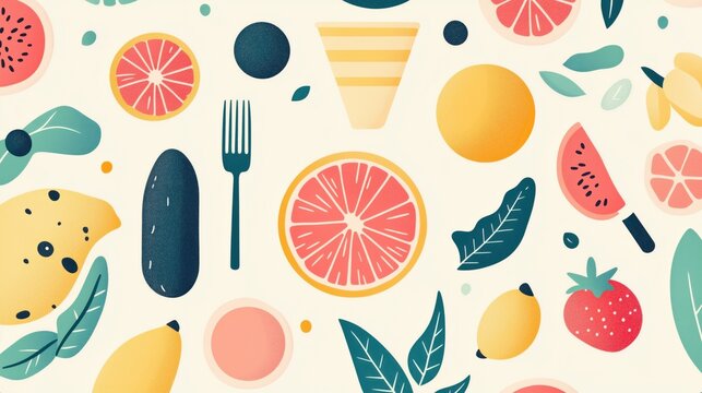 Pastel-colored minimalist food icon set, combining elegant simplicity with modern culinary design elements