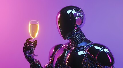 Fototapeta premium Chrome robot holding champagne flute against purple backdrop.