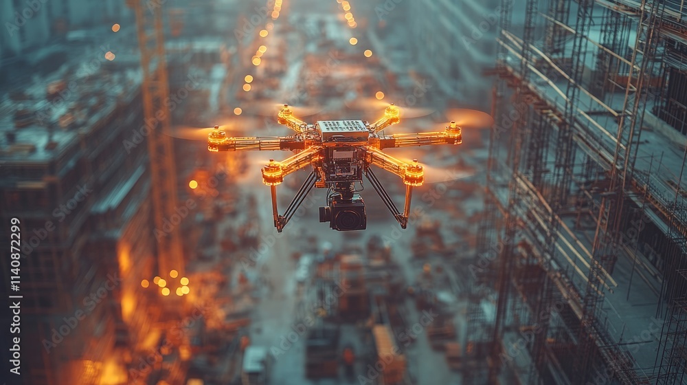 Aufkleber demonstration of edge computing with a drone in a construction site at dusk