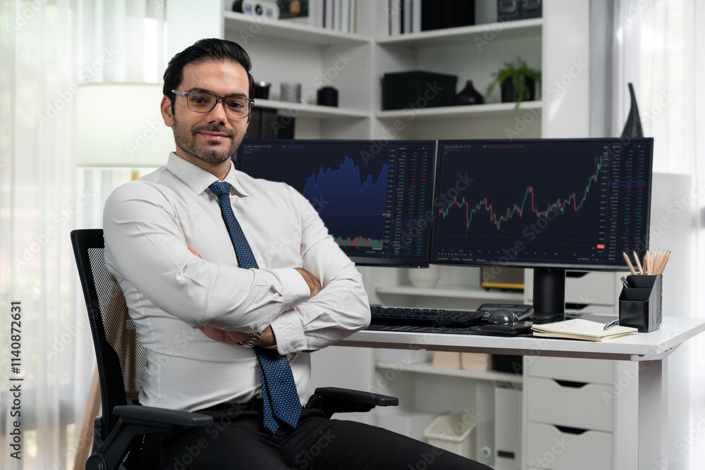 Poster profile of successful in trader businessman looking at camera with two stock exchange investment scr