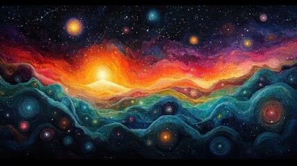 Obraz premium Cosmic landscape, swirling nebulae, vibrant sunset.