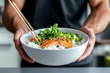 Hands present a vibrant bowl of sushi with fresh salmon, rice, and greens, showcasing a delicious blend of colors and textures in culinary artistry.