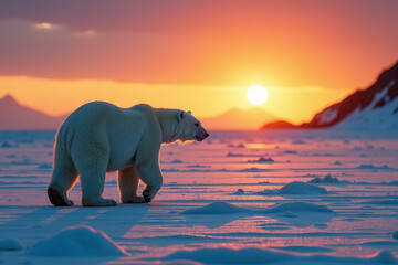 lone polar bear walks vast desert sunset amidst ripples destruction natural