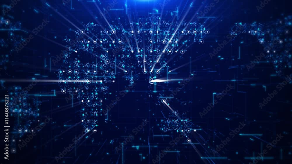 Aufkleber world map hologram digital glitched flicker world globe earth map hologram big data and networking b
