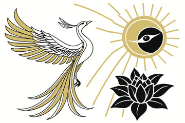 GOLD MODERN SIMPLE PHOENIX FLYING UP TOWARDS ROUND SUN BALL WITH THIN RAYS AND ADD ANJA CHAKRA 3RD EYE SYMBOL AND LOTUS FLOWER Black Color and White Background