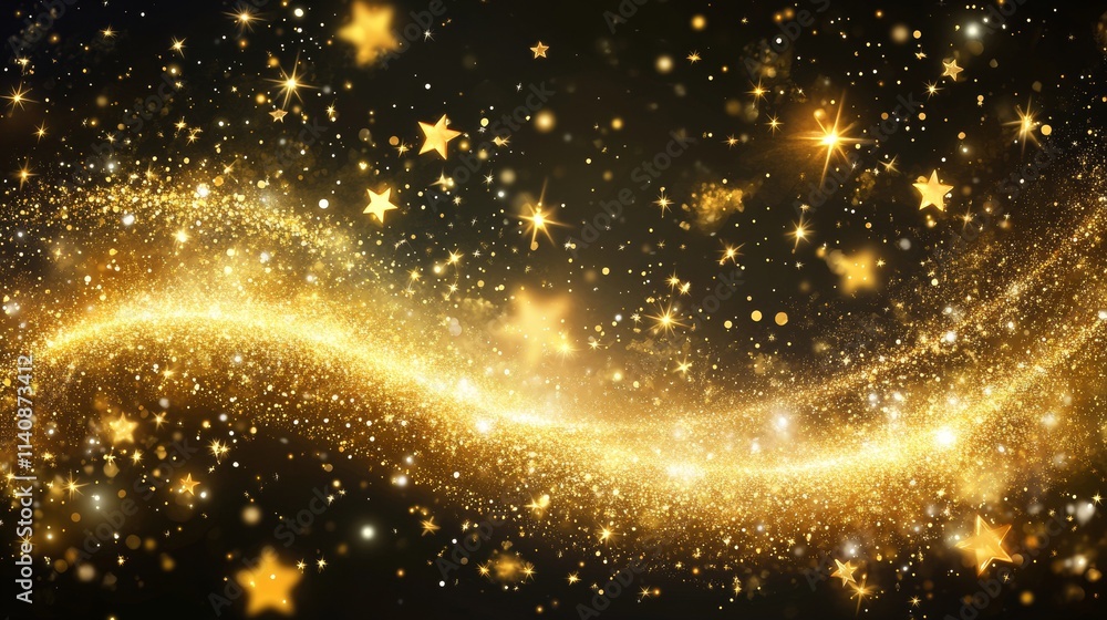 Poster magic gold dust trail with star shaped sparkles on dark transparent background. realistic vector ill