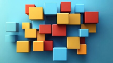 Abstract Colorful Cubes 3D Render: A vibrant composition of stacked cubes in various shades of blue, red, and yellow, creating a visually engaging and modern aesthetic.