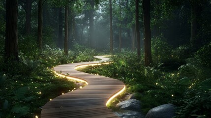 Fototapeta premium A wooded path with a glowing line of lights