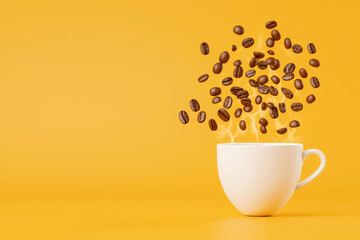 Obraz premium white cup with coffee beans floating above it, creating vibrant scene. bright yellow background enhances cheerful atmosphere