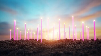 A field of pink candles with a blue sky in the background