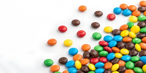 Colorful candy-coated chocolates on a white background. Bright candies of various colors create a playful and appetizing mood. Ideal for use as a background, texture, for creating postcards.