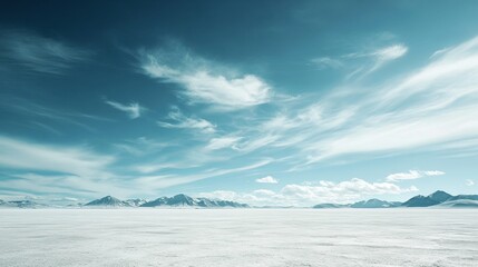 Obraz premium A breathtaking winter landscape unfolds, showcasing dramatic, billowing clouds and distant mountains, all beneath a vivid blue sky