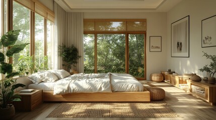 Naklejka premium Serene bedroom, sunlight, wooden bed, plants.