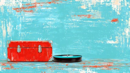 A vintage scene featuring a red toolbox and a vinyl record on a textured backdrop.