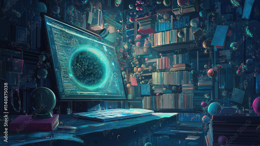 Fototapete website offering online education. application education. A computer with pages open. Illustrations. Generative AI