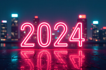 neon lights illuminate futuristic cityscape displaying date year bright glow dark background