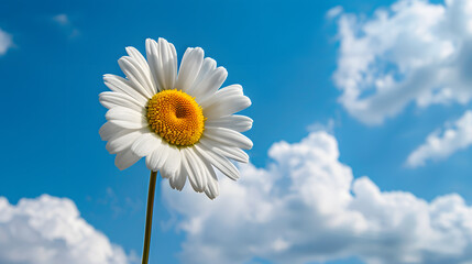 In a serene environment, a charming daisy blossoms gracefully beneath a cloudstudded sky of pure blue, accentuating the sheer elegance and simplicity of the natural world
