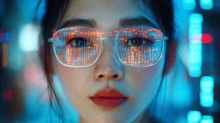 This vibrant Women's Day poster design features a woman with glasses reflecting digital patterns, symbolizing empowerment for International Women's Day. Celebrate strength and innovation!