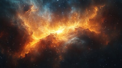 Fiery nebula, cosmic dust, star-studded expanse.