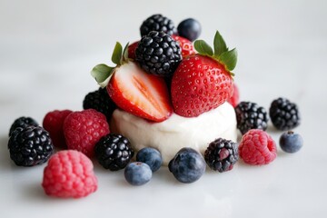 Obraz premium A delightful medley of strawberries, blackberries, blueberries, and raspberries over a creamy base, artfully placed on a marble surface.