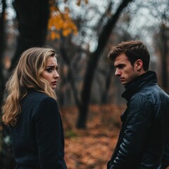Fototapeta premium Upset couple arguing outdoors, autumn setting.