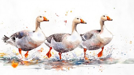Trio of Geese Wading in Water: A Watercolor Painting