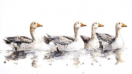 A Watercolor Painting of Four Greylag Geese