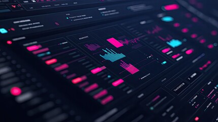 Close-up of a digital dashboard displaying data visualizations, graphs, and charts.