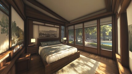 Obraz premium Serene Bedroom with Garden View: A Luxurious and Tranquil Retreat