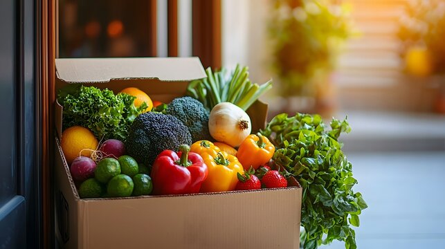 Fresh delivery of assorted vegetables and fruits at the doorstep. Generative AI.