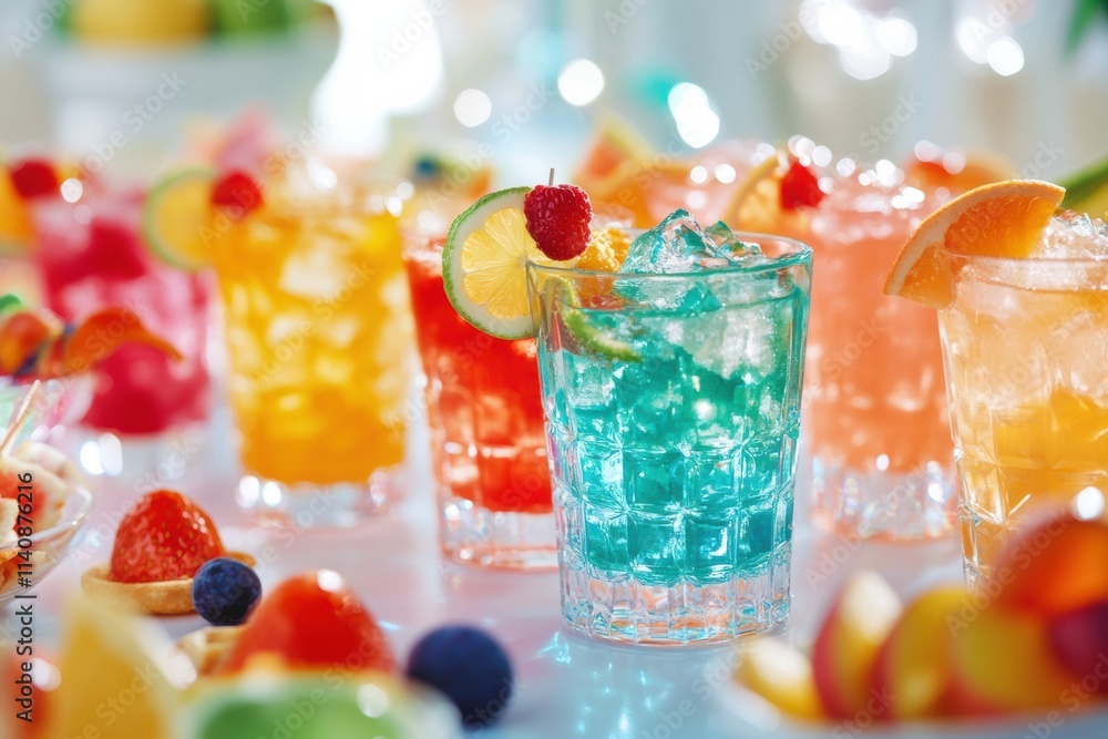 Poster brightly colored cocktails sit on a table adorned with fruit slices and snacks, enhancing a cheerful
