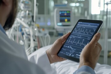 Inside a modern hospital, a doctor attentively examines a patient's vitals on a digital tablet, epitomizing cutting-edge medical technology.