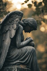 Fototapeta premium Stone angel statue, wings, seated, sorrow, sunset.