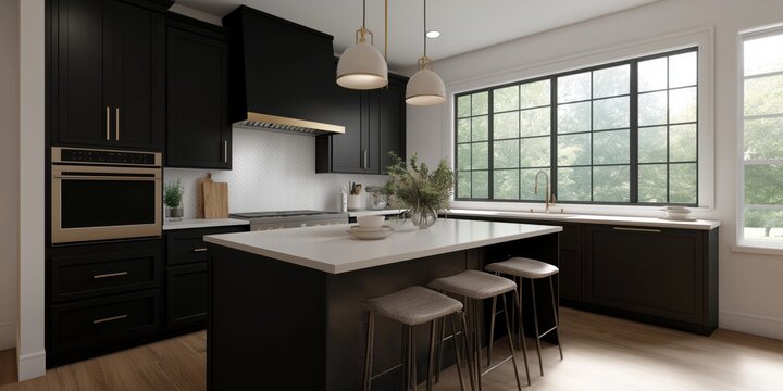 A modern kitchen with dark cabinets, center island, stools, and a large window overlooking greenery. - Powered by Adobe