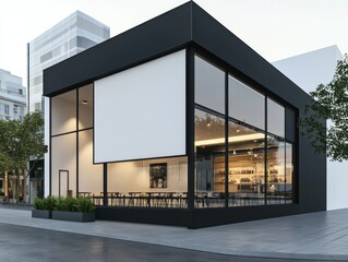 Modern black and white storefront with large windows, showcasing interior dining area and blank signage.