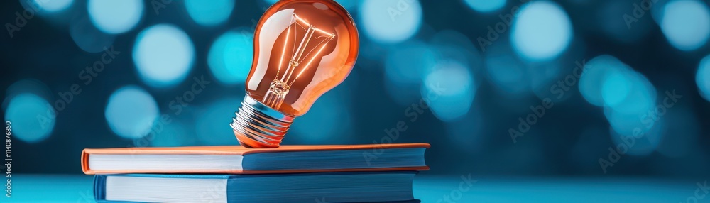 Poster light bulb rests on two stacked books, symbolizing knowledge and creativity. vibrant colors create i