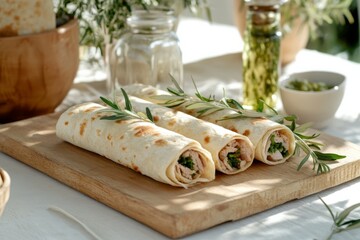 Three herb-filled wraps elegantly presented on a wooden board, with greenery adding a fresh touch, create a simple yet sophisticated culinary presentation.