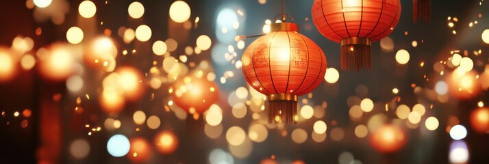 Obraz premium Vibrant Lanterns Illuminate a Festive Street for Chinese New Year Celebration
