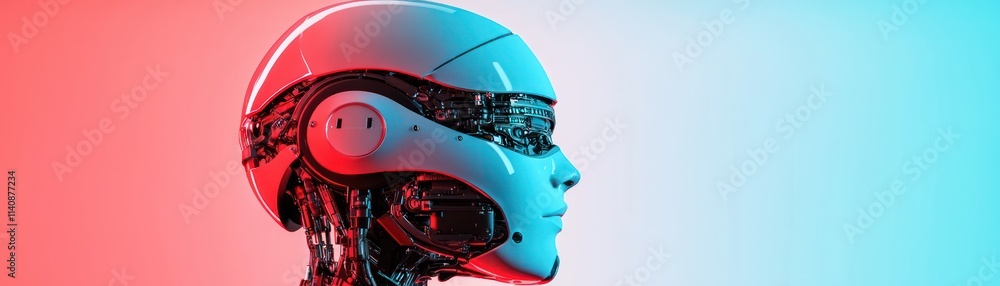Poster close up view of futuristic robot head with intricate details, showcasing technology and design in s