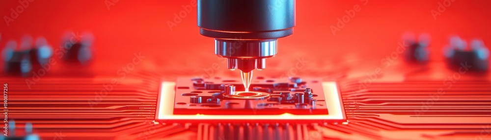 Poster close up of robotic arm working on circuit board in vibrant red environment, showcasing advanced tec