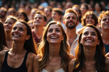 Obraz premium people stand close smiling something heads unison large