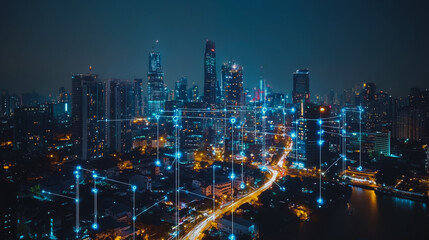 Obraz premium Abstract businessman stands on the peak of success Smart digital city with connection cyber security network reciprocity over the cityscape future wireless digital city and social media networking