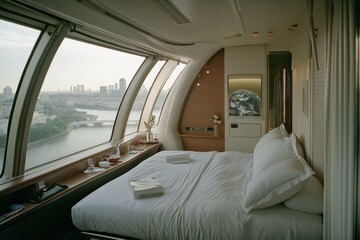 A luxurious bed with panoramic city views through curved windows promises an opulent, serene escape above the urban hustle.