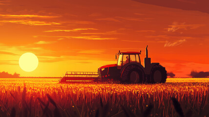 Obraz premium A farmer in a tractors and harvester working in the field to prepares the ground . Agriculture concept suitable for production. A tractor on a soybean farm in the spring sunset. generative ai