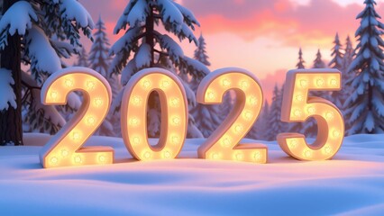 Welcome 2025 with a Bright and Hopeful New Year Surrounded by Snowy Landscapes and Glowing Celebrations at Sunset. Happy New Year 2025