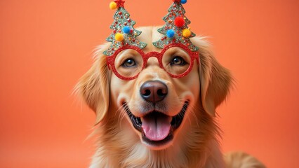 Cheerful Golden Retriever Wearing Festive Christmas Glasses with Trees Radiating Joy Against a Vibrant Orange Background