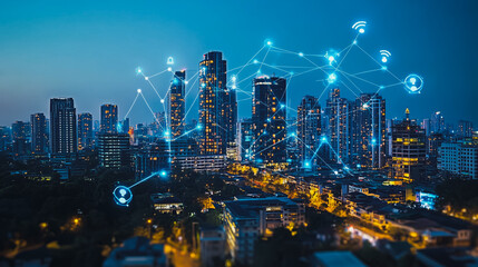 Fototapeta premium Abstract businessman stands on the peak of success Smart digital city with connection cyber security network reciprocity over the cityscape future wireless digital city and social media networking