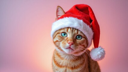Adorable Ginger Cat Wearing a Santa Hat, Capturing the Holiday Spirit with Its Charming Expression Against a Soft Background